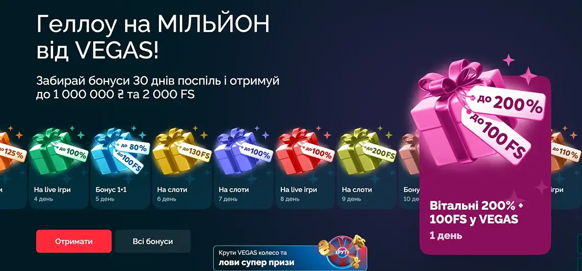Розділ бонусів та акцій Vegas казино з вітальним пакетом